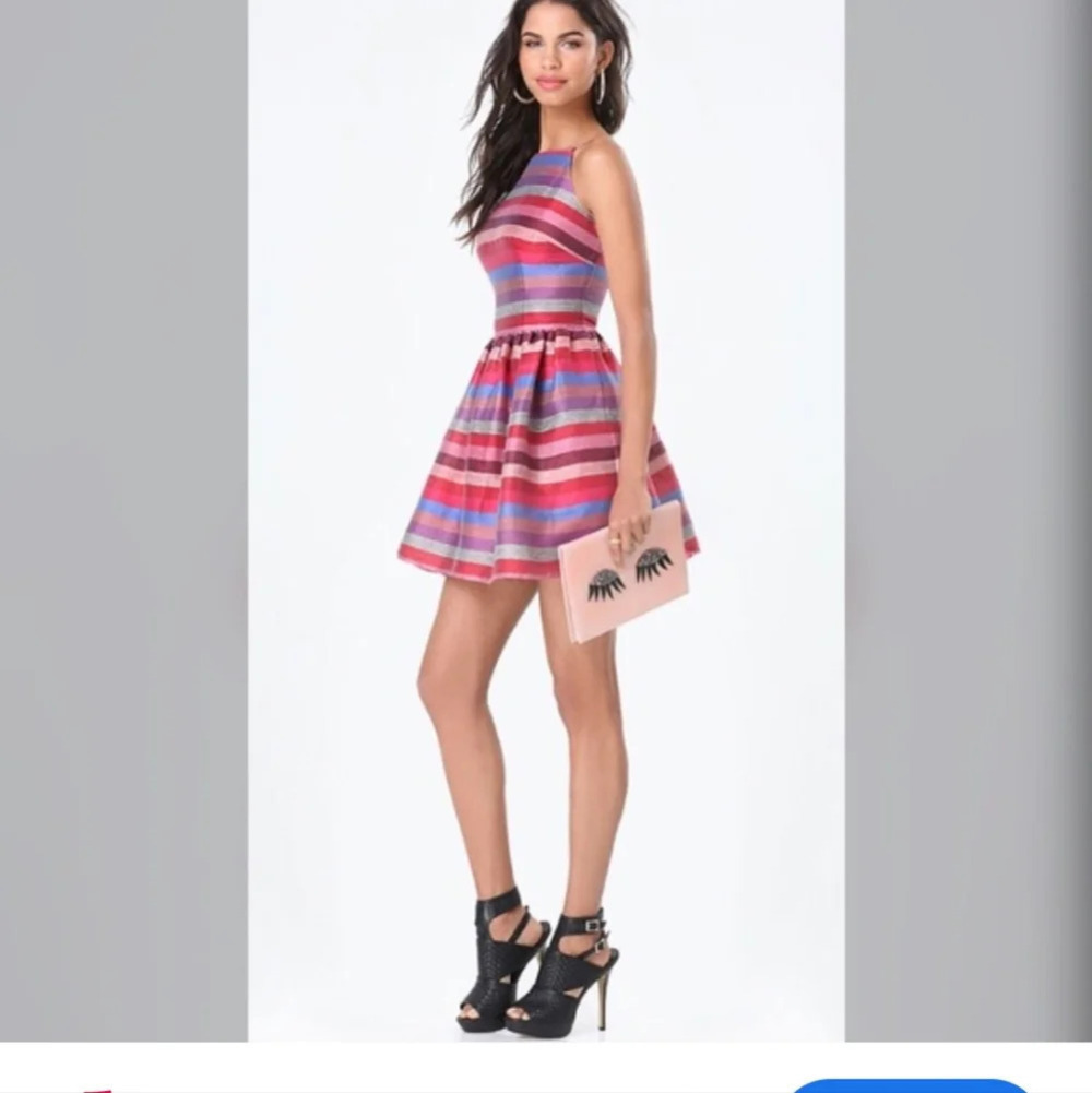 Bebe Janice Stripe Linen Mini Dress with Pockets Size 8 Skater Fit & Flare Dress